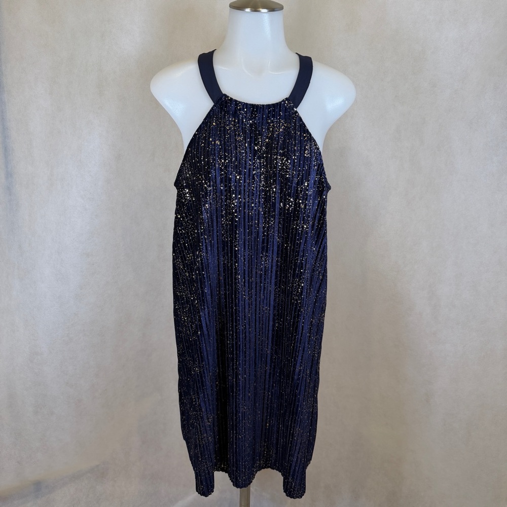 BCBGeneration Navy Gold Metallic Pleated Halter Celestial Dress S